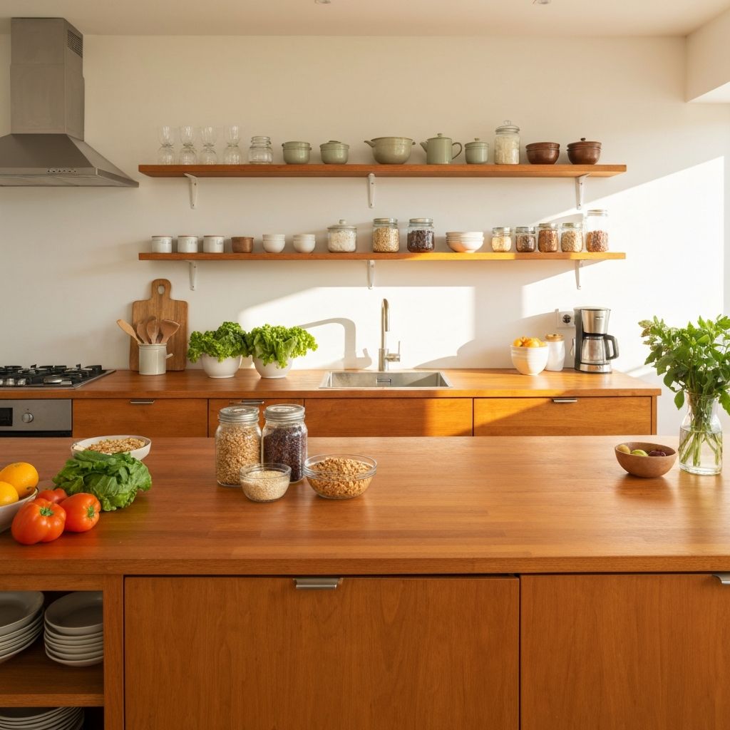 Moderni keittiö luonnollisella valolla, terveelliset ruoka-aineet saatavilla