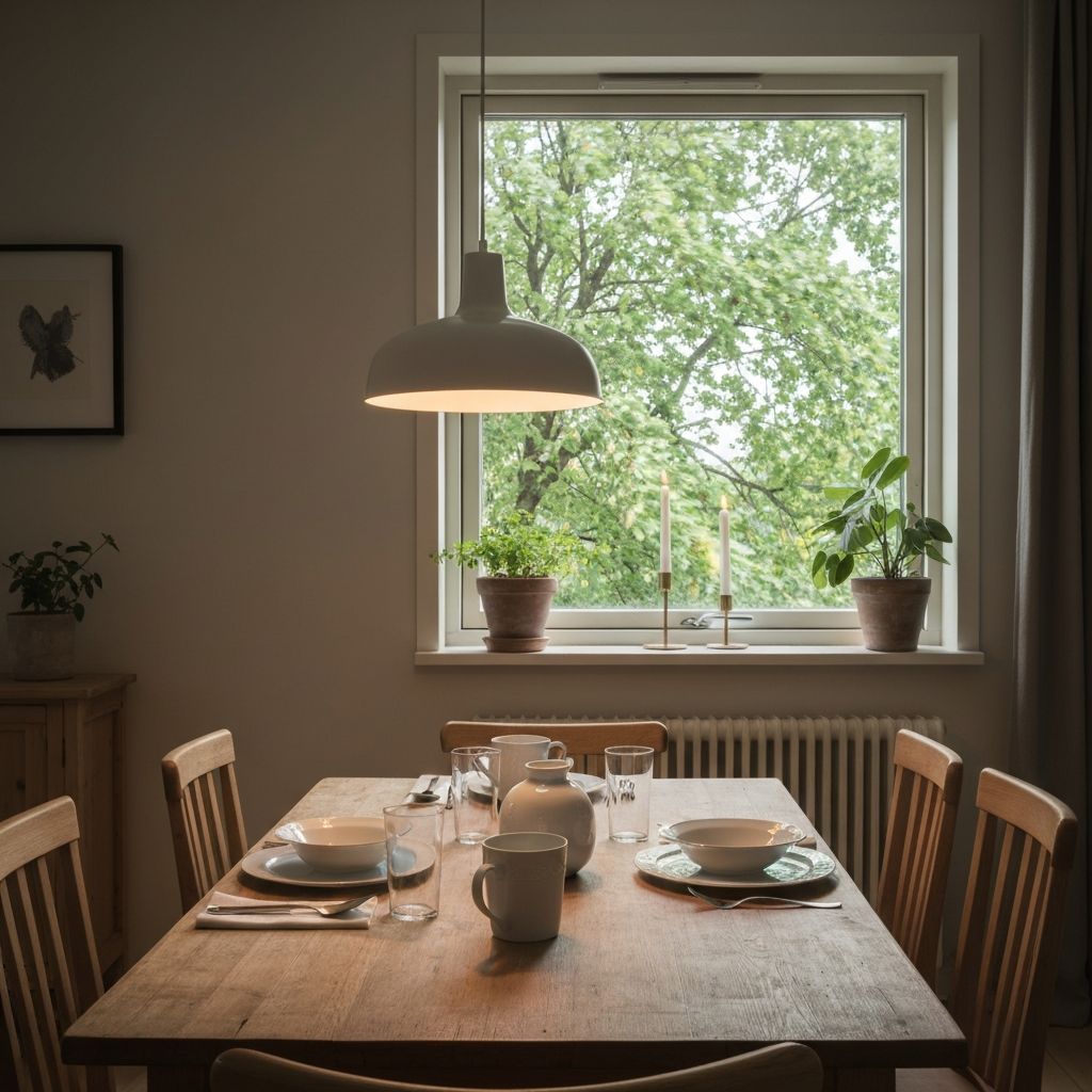 Kodikkas ruokailutila luonnollisella valolla, perheen kanssa viettämiseen sopiva