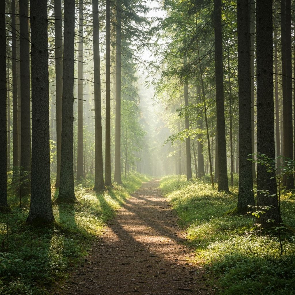 Luonnonrauhainen metsäpolku, rauhallinen pohjoinen ympäristö